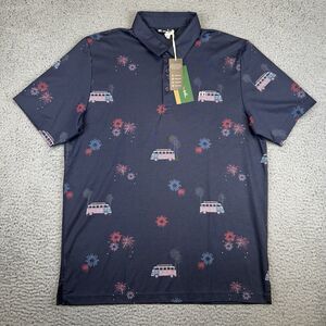 Travis Mathew Polo Shirt Firework Display Golf Blue Volkswagen Bus Print - Large